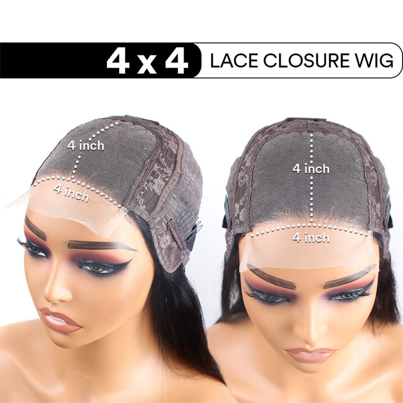 Peruca de cabelo humano reta brasileira para mulheres, fechamento transparente do laço, frente sem cola, 4x4 HD, 8-34in
