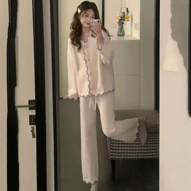Pajama Winter Pant Warm Homewear Comfortable Patchwork Cardigan Leisure Sets Women Suit Velvet Coral Korean Nightie Thick Autumn