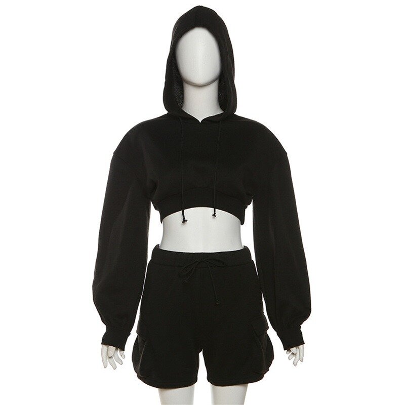 Solid Casual Sporty Two Piece Set Women Autumn Hooded Long Sleeve Crop Top High Waist Drawstring Pockets Slim Shorts Jogger Wear