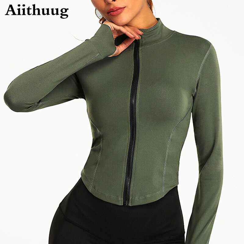 Aiithuug-Top de Yoga con cremallera completa para mujer, chaquetas de entrenamiento para correr con agujeros para el pulgar, Tops cortos elásticos ajustados de manga larga, ropa deportiva