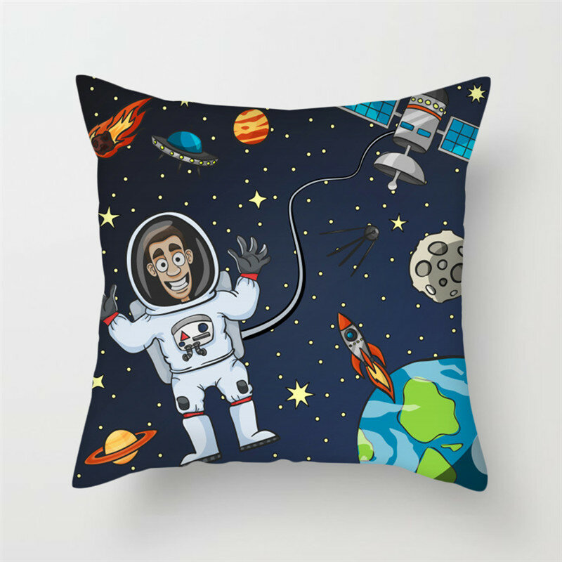 Funda de almohada con dibujos de astronauta, cohete, nave espacial, sofá, decoración del hogar, dormitorio, habitación de niños, tema espacial, funda de cojín