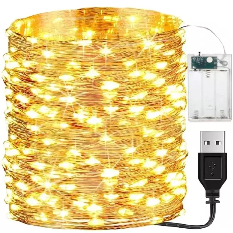 Guirnalda de luces LED impermeable con batería USB, cadena de alambre de cobre, lámpara de hadas, iluminación para Navidad, boda, fiesta, vacaciones, 5M, 10M