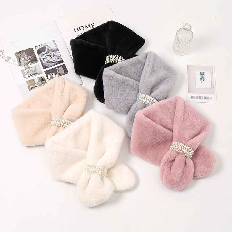 Women Winter Pearl Plush Cross Scarf Autumn Cute Thickened Warm Faux Fur Scarves Girls Soft Neck Ring Scarf Korean Style New