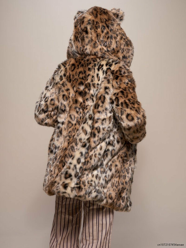 Jaket overcoat macan tutul wanita, mantel bulu Mink palsu bertudung hangat tebal, mantel panjang musim dingin untuk perempuan