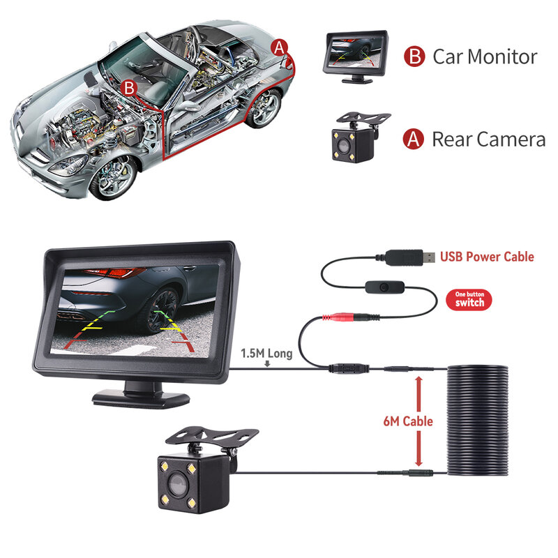 MJDOUD-Câmera de visão traseira do carro com monitor, 4.3 Polegada para estacionamento de veículos, câmera LED HD invertendo, tela LCD, USB, fácil instalação