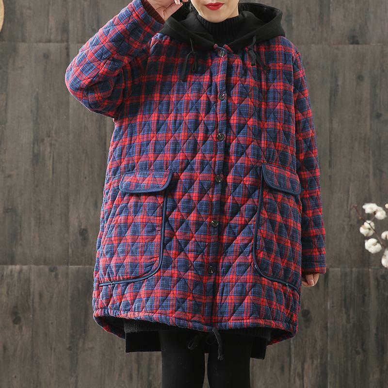 여성용 캐주얼 체크 무늬 면 코트, 후드 단추 코트, 가을 및 겨울 면 코트, 여성 의류, 2023 신상
