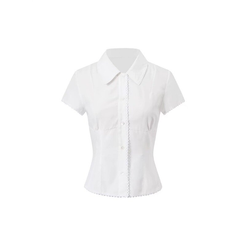 Deeptown Basic White Short Sleeve Shirt Women Button Sweet JK Blouses Aestheti Preppy Korean Fashion Summer Coquette Harajuku