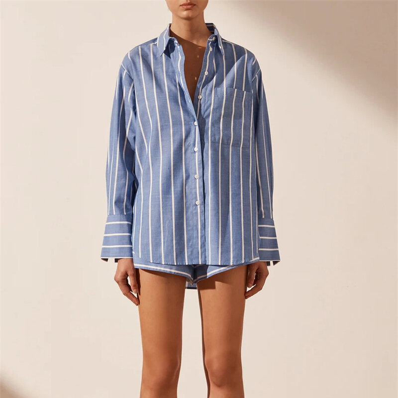 Striped Long Sleeve Turn Down Collar Button Cotton Long Shirts Tops and Shorts Summer Women Clothing Loose Casual Two Pieces Set