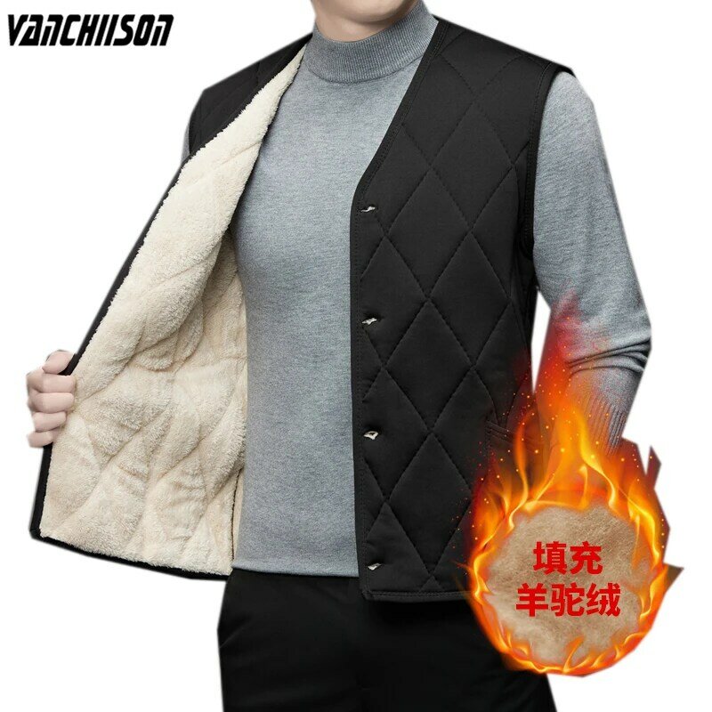 남성용 면 패딩 조끼, 민소매 양털 재킷, 따뜻한 V넥, 단색 캐주얼 남성 패션 의류, MJ01, 가을 겨울