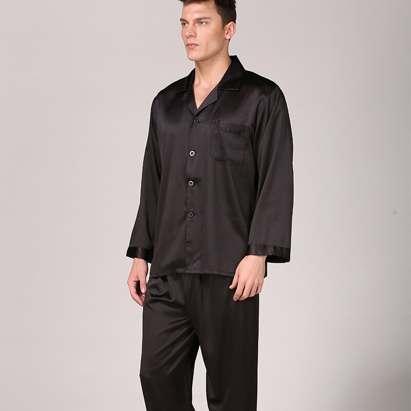 Long Sleeve Trousers Suit Men Satin Homewear Shirt&pants Loose Sleepwear Male Pajamas Suit 2Pcs Loungewear Lapel Nightwear