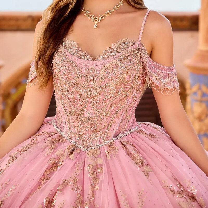 High Quality Quinceanera Ball Gown Glitter Sequins Crystal Prom Dresses Graceful Spaghetti Straps Sweet 16 Dress Vestidos