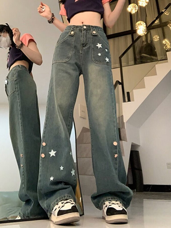 Sterprint Jeans Vrouwen Vintage Streetwear Casual Meisjesachtige Hoge Taille Zomer Unieke Koreaanse Stijl Losse Mode Harajuku Wijde Pijpen