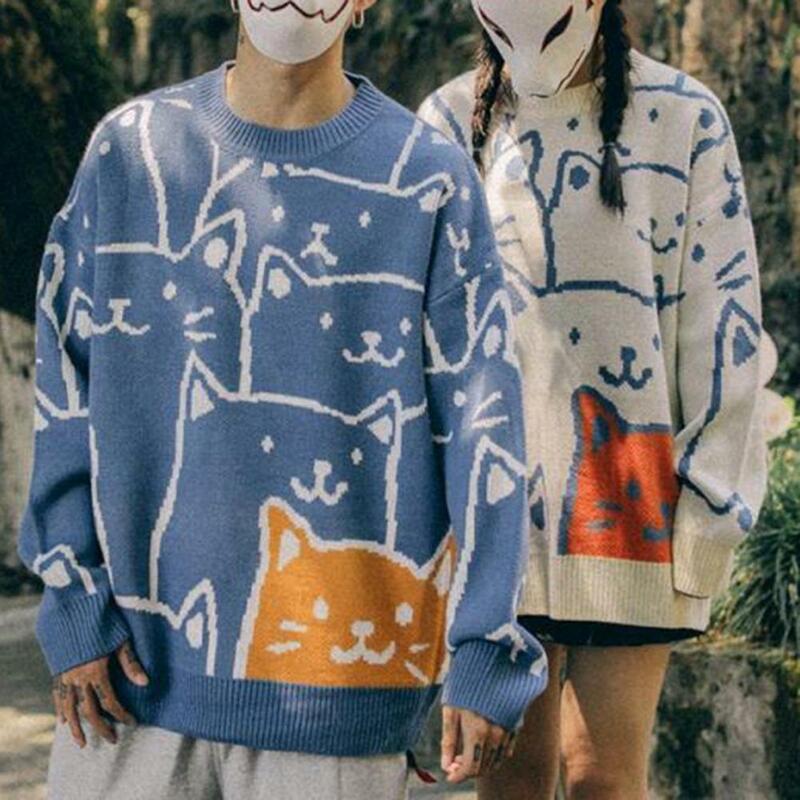 Camisola de manga longa retrô japonesa masculina, gato Harajuku dos desenhos animados malha camisola, tops extragrandes, pulôver vintage, inverno