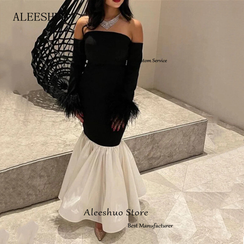 Aleeshuo Saudi Arabia Long Sleeve Prom Grwon Off The Shoulder Mermaid Pleat Feathers Vestidos Pleated Prom Dress Ankle-Length