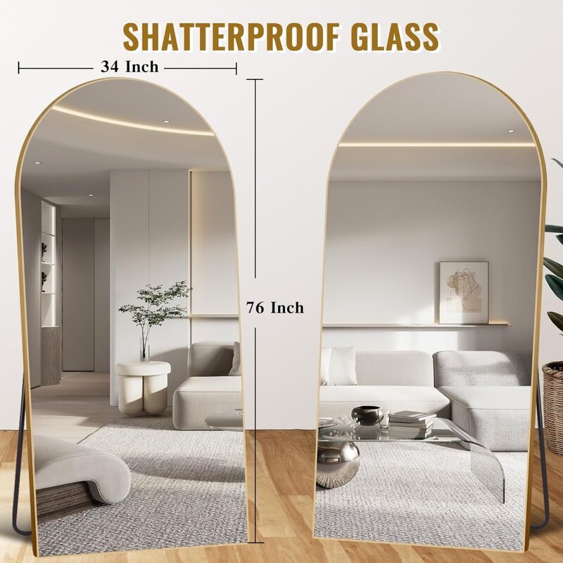 Comprimento total arqueada espelho grande com suporte, espelho do assoalho para sala de estar, quarto pendurado em pé