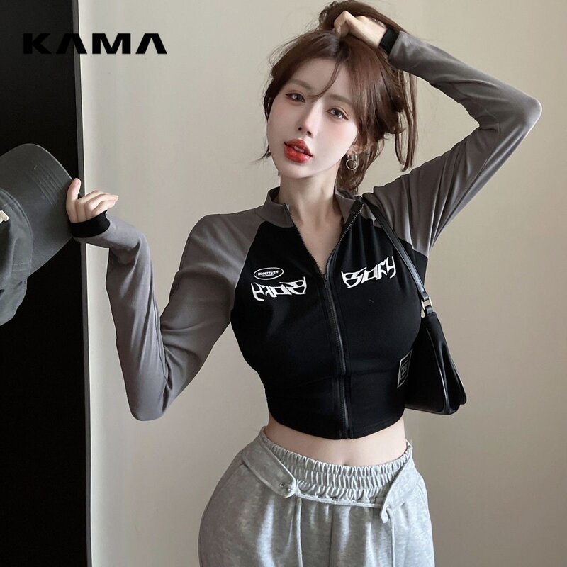 KAMA-Top feminino de manga comprida com pescoço em O, camiseta vintage, camiseta com zíper, rua alta, moda coreana, streetwear primavera, Y2K
