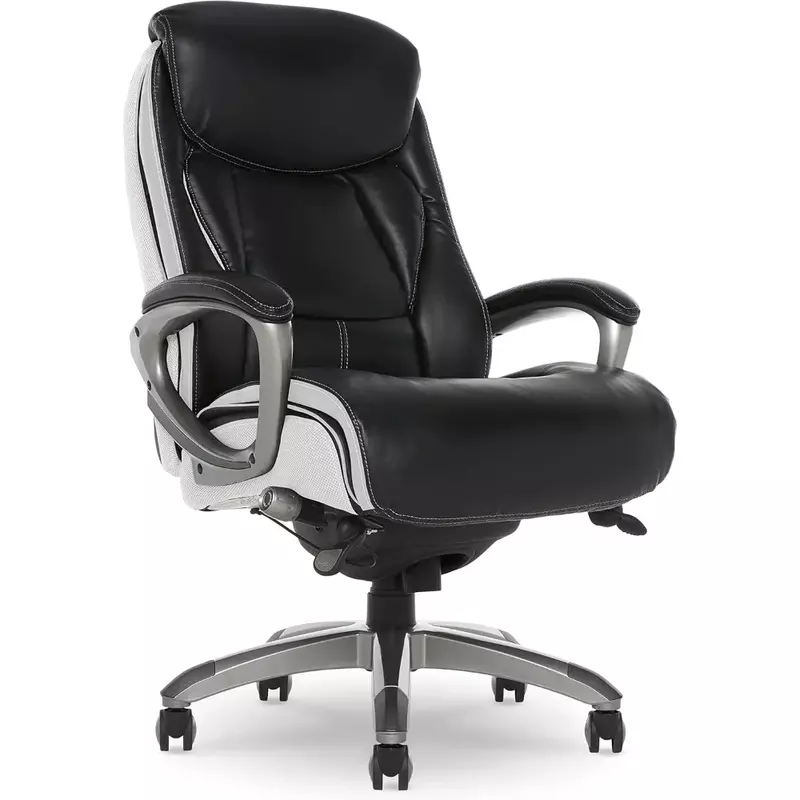Kursi kantor, kursi komputer ergonomis terbuat dari kulit dan jaring, dilengkapi dengan pinggang berkontur dan koil nyaman, hitam dan putih