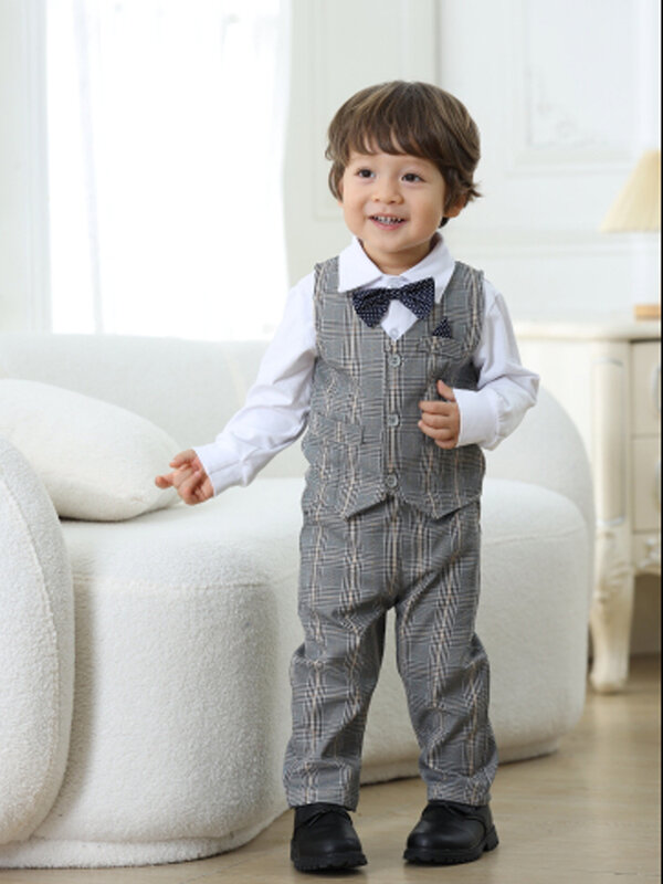 Gentleman Infant Costume Plaid Vest Hat Suit Baby Boy 1st Birthday Set Long Sleeve Romper Autumn Outfit Newborn 3-24M Clothes