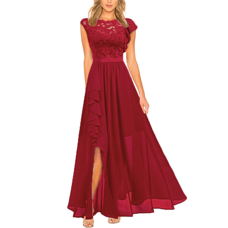 Frauen elegante Maxi formelle Abendkleid ärmellose O-Ausschnitt rosa schwarz Hochzeits feier Kleider Vintage Split gespleißt Spitze Ballkleider