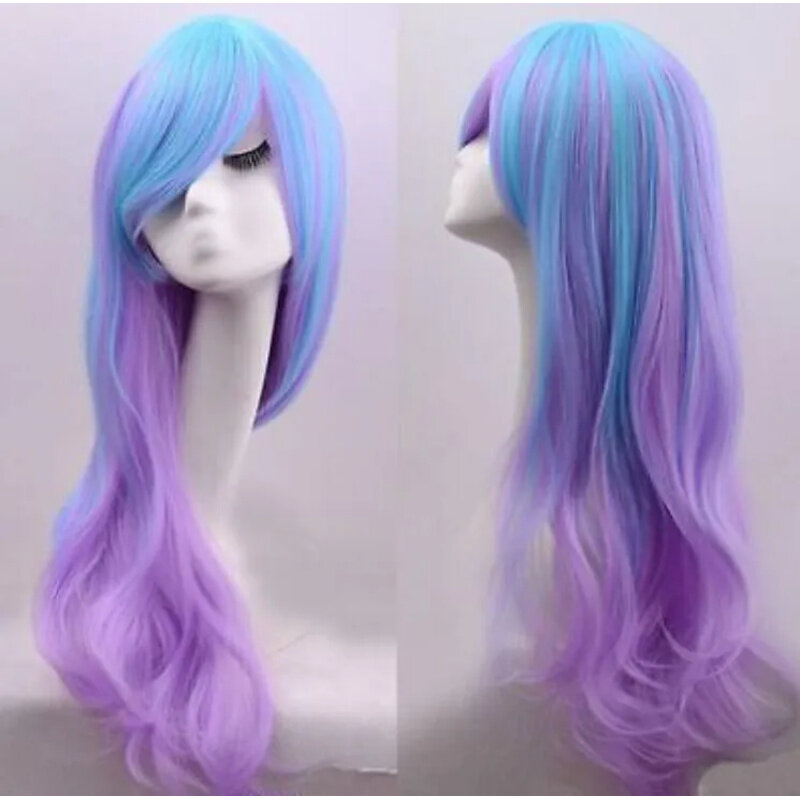 Longo ondulado Clolita peruca cabelo, Perucas Cosplay Traje, azul e roxo Charme