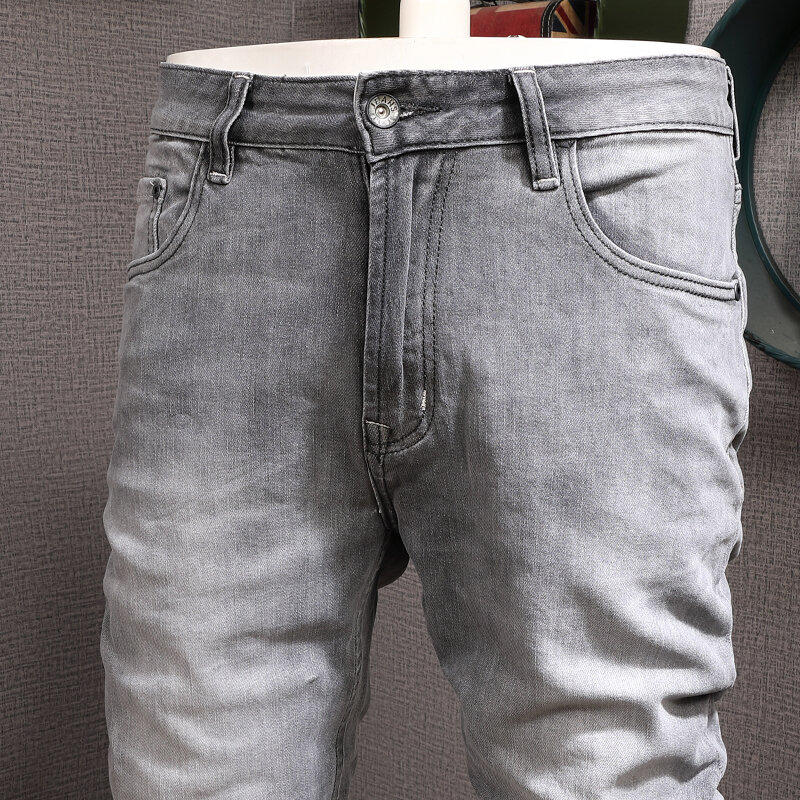 Europeu do vintage da forma dos homens jeans retro cinza de alta qualidade elástico fino ajuste rasgado jeans masculino casual designer calças jeans hombre