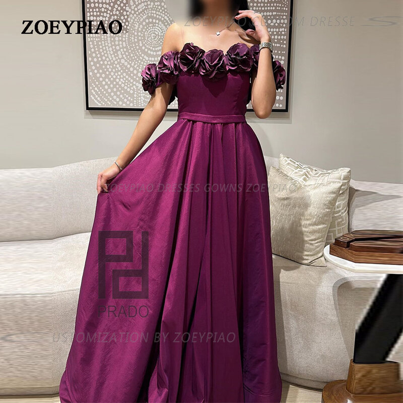 Dark Purple 3D Flowers Strapless Pleat A Line Long Prom Dress Satin Off Shoulder Floor Length Formal Event Evening Gown New