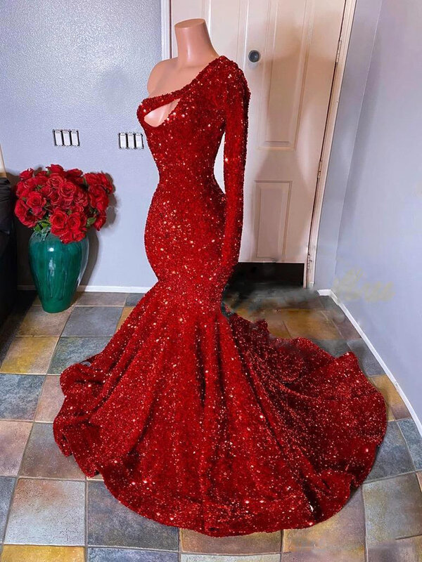 2024 Luxury Sexy Red Sequined Women Evening Dresses One Shoulder Cut Out Mermaid Prom Gown Wedding Party Robe De Soiree Vestido
