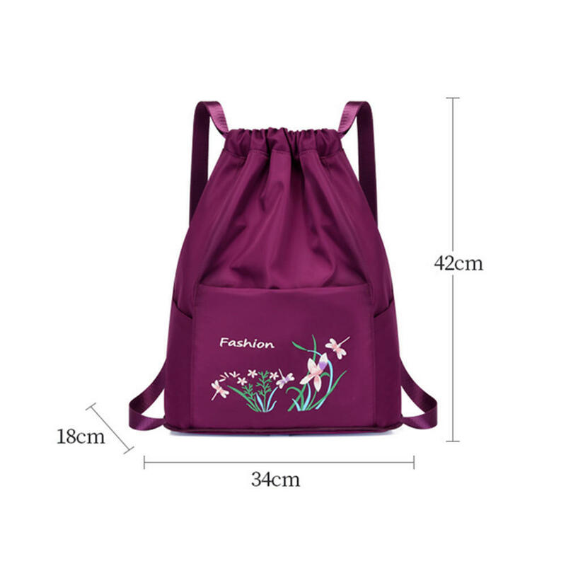 Mochila con cordón para mujer, bolsa de viaje multifunción, plegable, suave, impermeable, bolsa de gimnasio, bolsa deportiva de nailon, mochila bordada