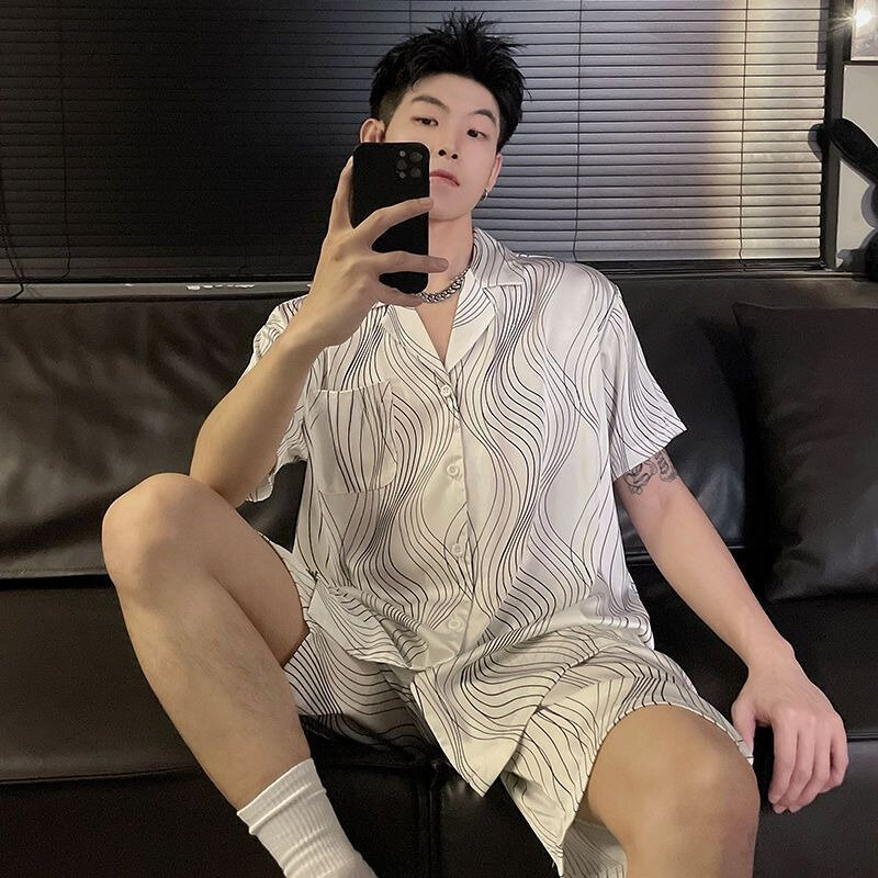 Ice Silk Pajamas Male Summer Short Sleeve Teenager New Style Sense of Advanced Thin Can Be Worn Outside Loungewear Handsome