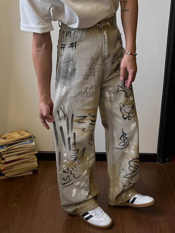 Винтажные мужские мешковатые джинсы с рисунком, с высокой талией
