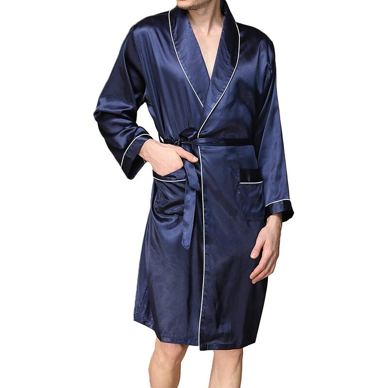 Mens Satin Bathrobe with Belt Long Sleeve V-neck Night Robe Sleepwear Soft Loungewear with Pockets