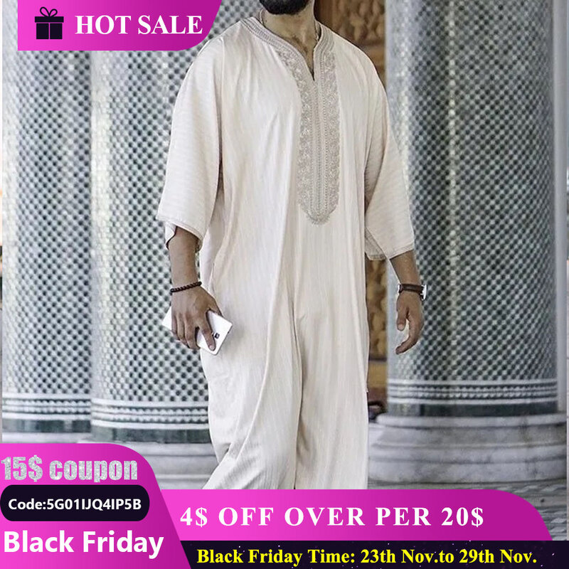 Abaya Men Ramadan Cream Zina Islam Robe Kameez Galabia Spring 2023 New Ethnic Style Loose Casual Embroidered White Muslim Robe