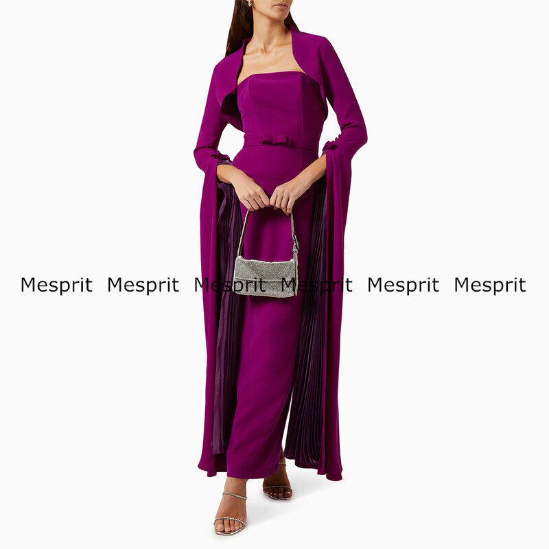 Robe de soirée sirène violette, manches longues, cape sans bretelles, boutons de nœud, robes maxi, longueur rinçage, robe de Rh, robes de soirée de Dubaï