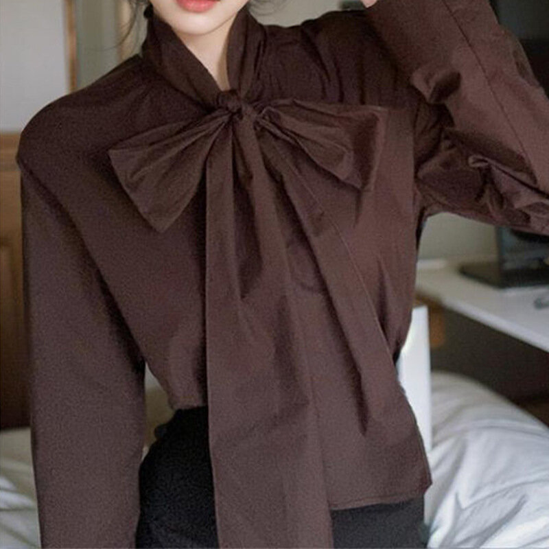 Retro Fliege Krawatte Hemd schwarz hohe Taille kurzen Rock Frühling und Herbst Mode Set Damen Tops Blusen