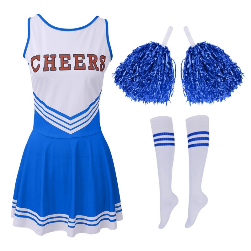 Cheerleader Kostuum Middelbare School Wedstrijd Briefprint Dans Uniform Pompons Sok Cosplay Feestjurk Carnaval Halloween