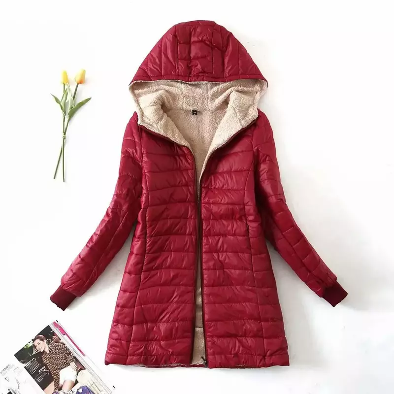 Jaket wanita bertudung, jaket wanita musim dingin, baru, pertengahan panjang, edisi Korea, bertudung, PAS, bulu domba, jaket parka katun hangat