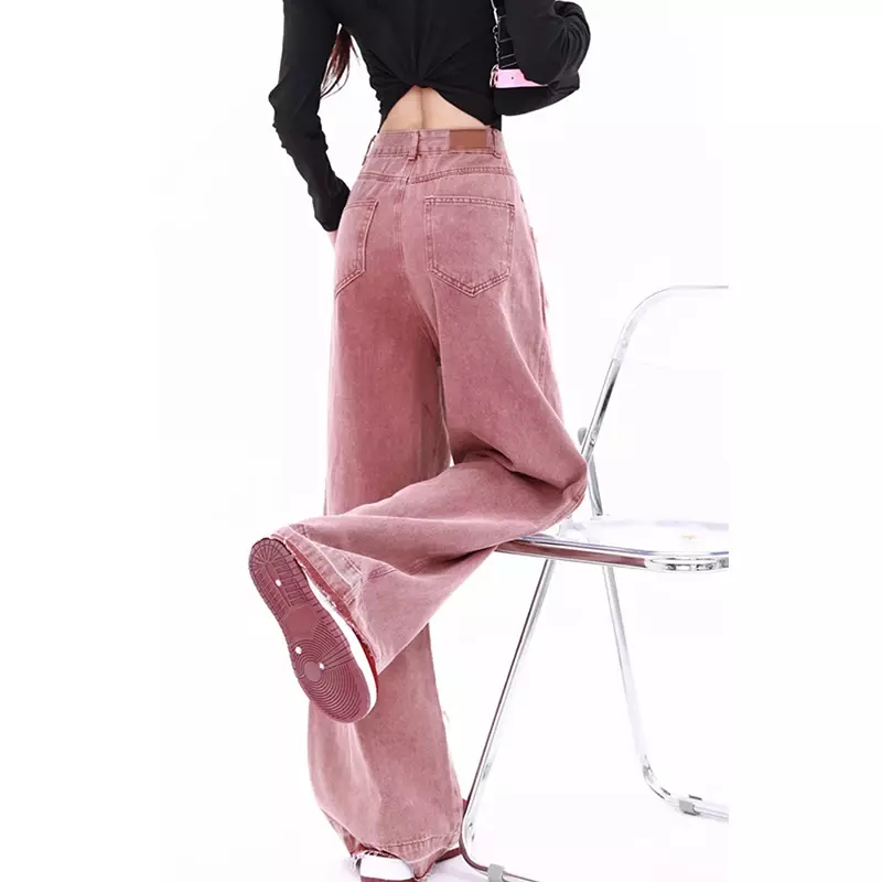 Calça jeans de perna larga rosa feminina, estampada em letras, cintura alta, rua americana, moda hip-hop, calça reta retrô Y2K, inverno