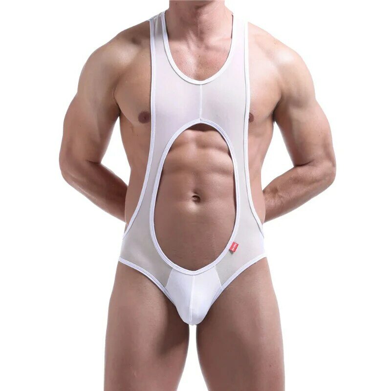 Jumpsuit pria seksi, Jumpsuit elastis tipis lembut satu potong, Bodysuit pria, Singlet gulat pantat terbuka, piyama, pakaian dalam pria
