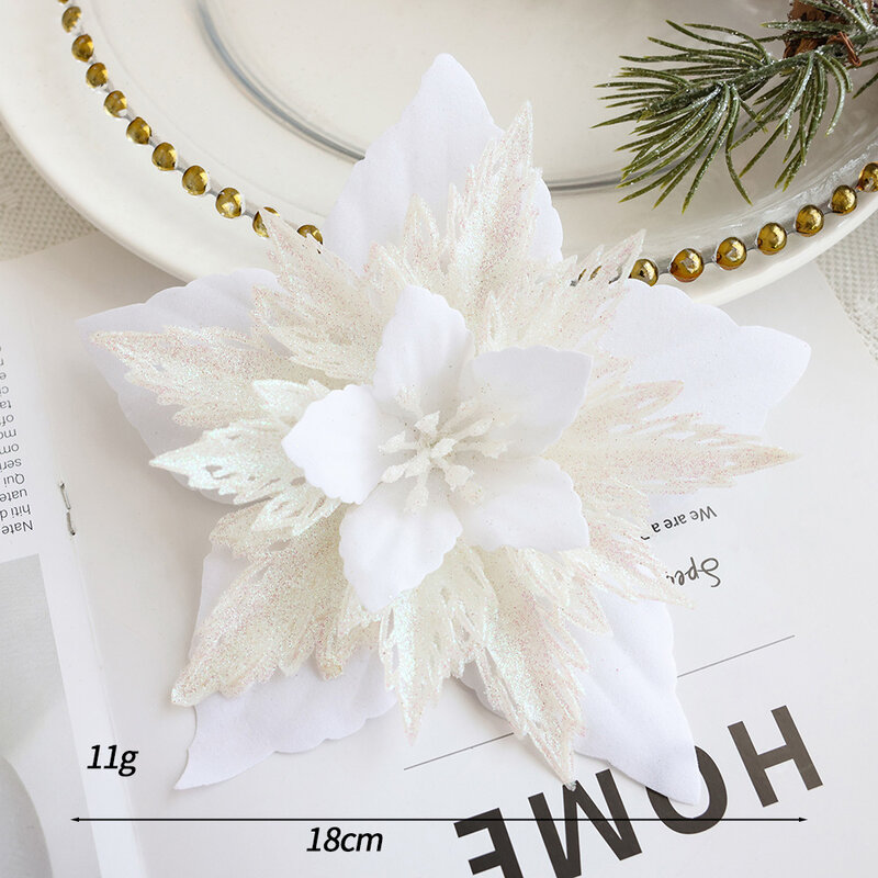 1Pc Glitter Artifical Christmas Flower Gold Powder Fake Flowers Wreath DIY Xmas Tree Ornaments For Home New Year Party Decor