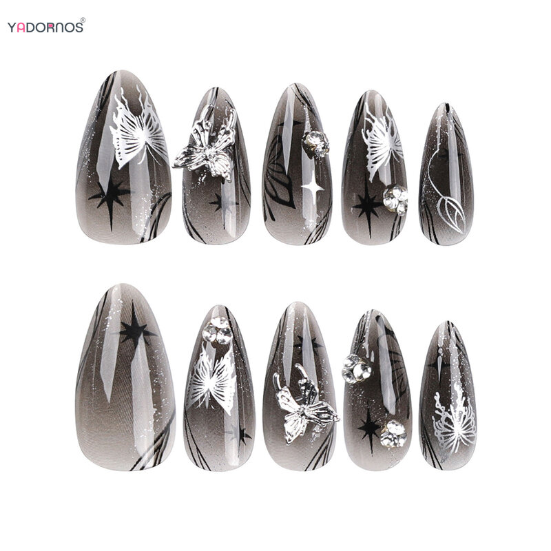 24Pcs Almond Fake Nails Gradient Black Press on Nails Butterfly Star Designed Y2K Girls Wearable False Nails Tips DIY Manicure