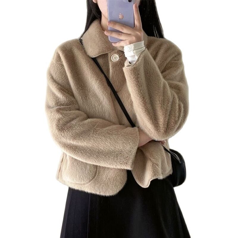 Mantel bulu palsu Wanita Mode Korea, mantel kantor wanita bulu palsu, mantel pendek musim gugur musim dingin, desain hangat ringan