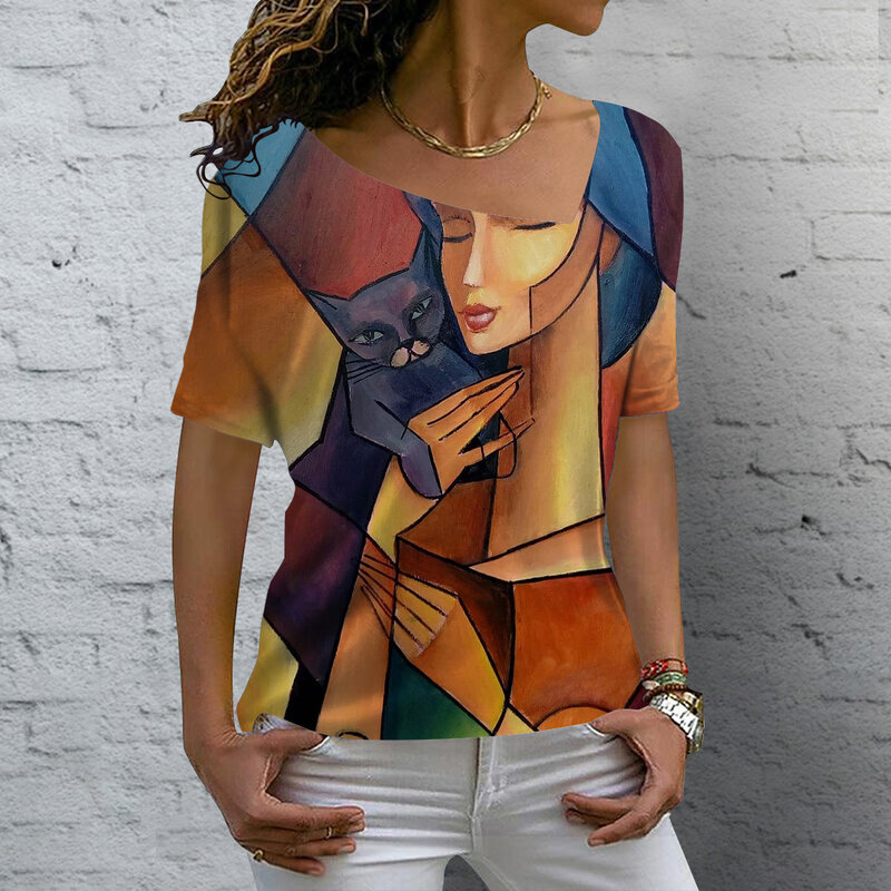 Kaus Wanita leher V, atasan longgar kasual kebesaran bercetak Vintage S-5XL Y2K lengan pendek