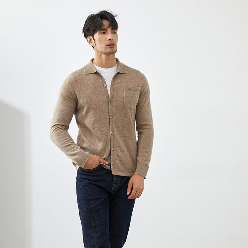Cárdigan de Cachemira de cabra para hombre, suéter de punto de manga larga con cuello tipo POLO, nuevo estilo, primavera y otoño, 100%