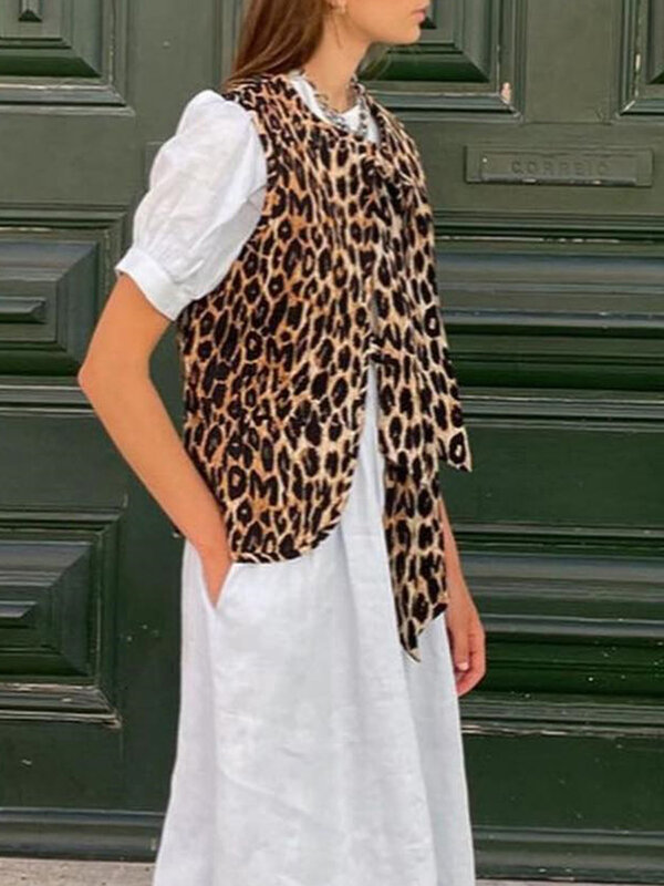 Chic Leopard Printed Bow Lace-up canotta donna allentato senza maniche con scollo a v gilet 2024 primavera Fashion Lady Office High Street Outwear