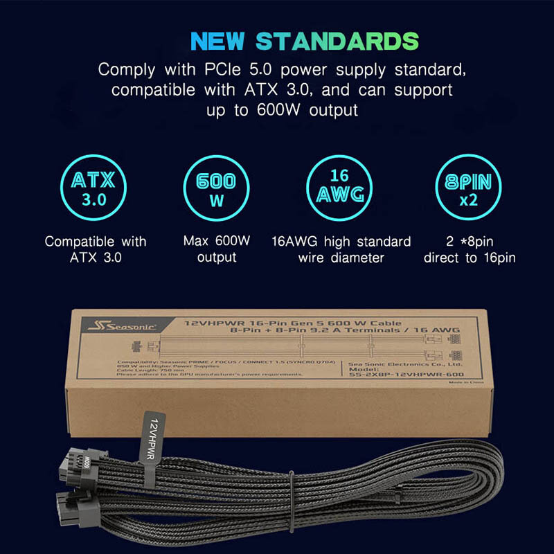 Asli Seasonic 12VHPWR 8Pin untuk PCIE 5.0 GEN 5 12 + 4PIN 16Pin ATX3.0 Modular Power Supply kabel untuk kartu Video untuk fokus Prime