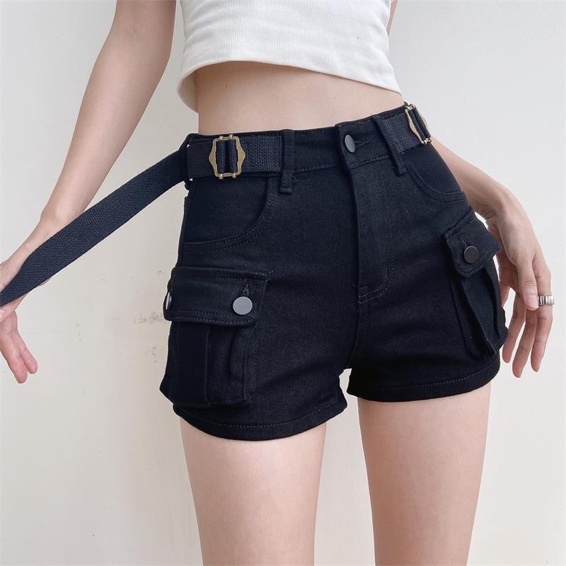 Streetwear Vintage Khaki Shorts Jeans Women Casual New Summer Big Pockets Denim Mini Pants High Waist Sexy Stretch Cargo Cortos