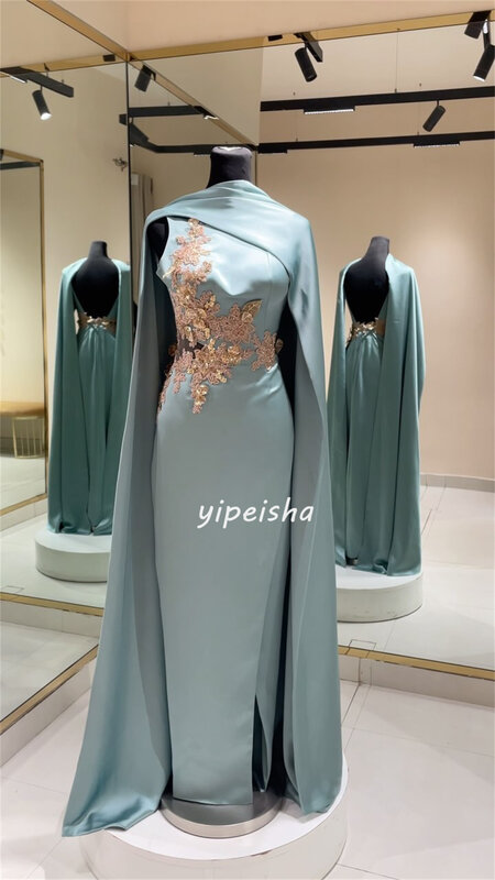 Mode Retro Satin Applikation Blume gerade hohen Kragen lange Kleider Promi Kleider chinesischen Stil hochwertigen modernen Stil