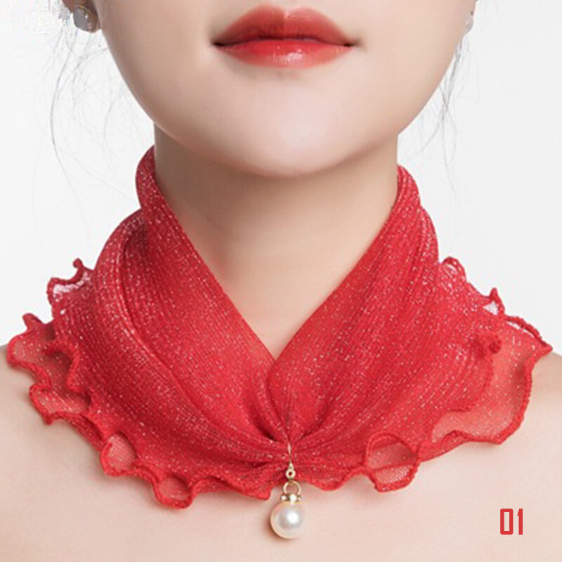 Bufanda de malla que combina con todo para mujer, cubierta de cuello con colgante de perla falsa pequeña, protección solar, babero de gasa, bufanda fina de encaje de Color puro
