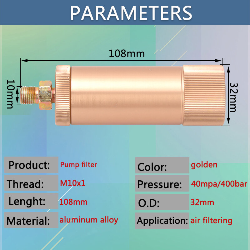 High Pressure Pump Filter M10x1 Thread 40Mpa 6000Psi Golden Water-Oil Separator Air Filtering 8MM Quick Connector