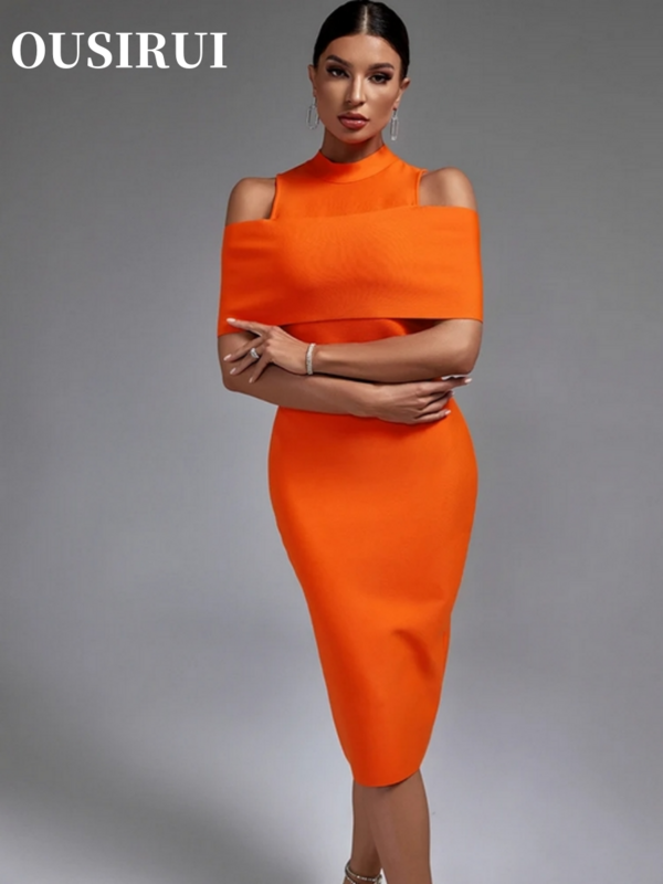 Vestido de fiesta ajustado con hombros descubiertos para mujer, traje elegante, Sexy, Midi, para cumpleaños y Club nocturno, naranja, 2024